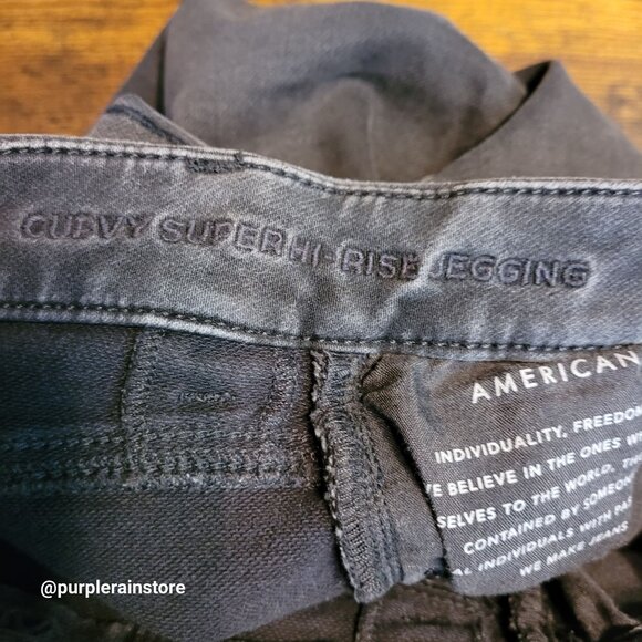 American Eagle Jeans 2 R Curvy Super Hi Rise Jegging Black Wash Denim Ripped - Picture 5 of 12